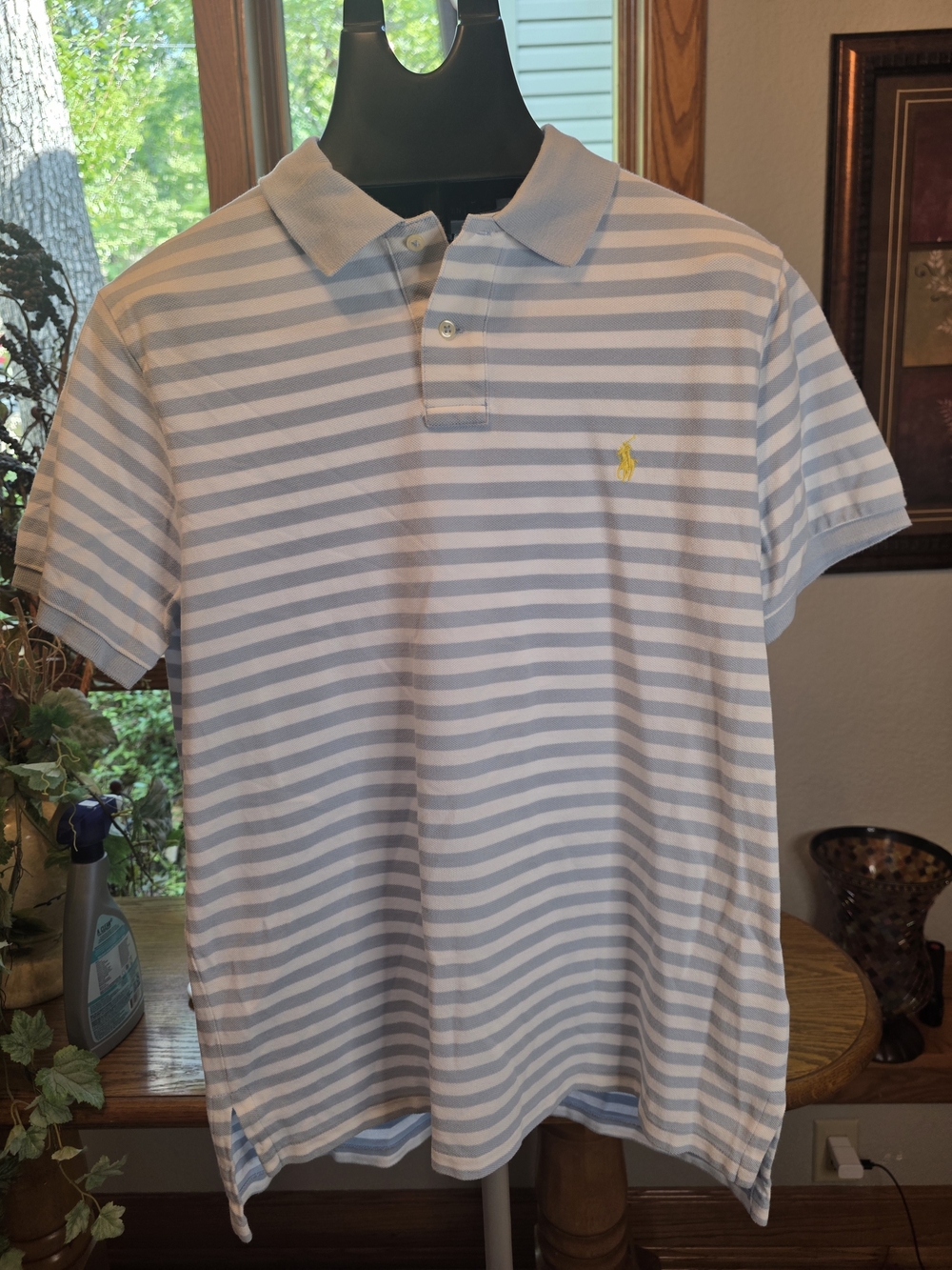 Polo by Ralph Lauren Light Gray & White Striped Polo with Yellow Logo Sz L